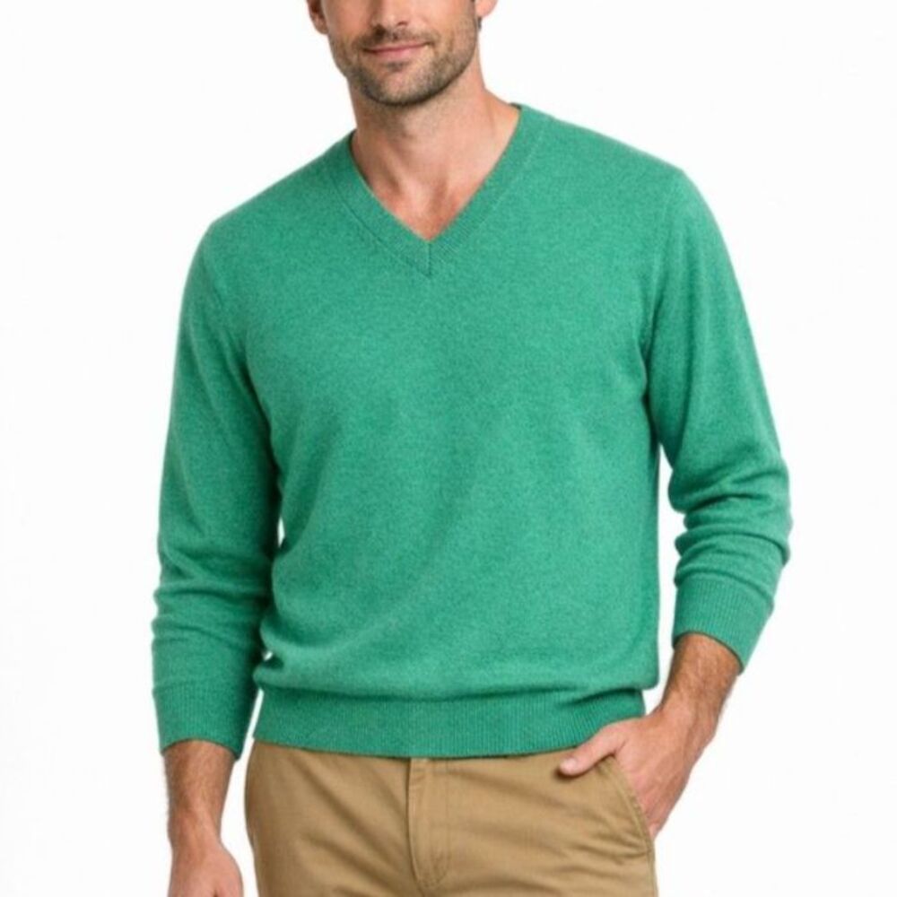 Lands' End Men's  Green 100% Cashmere V-Neck LS Pullover Sweater Size L